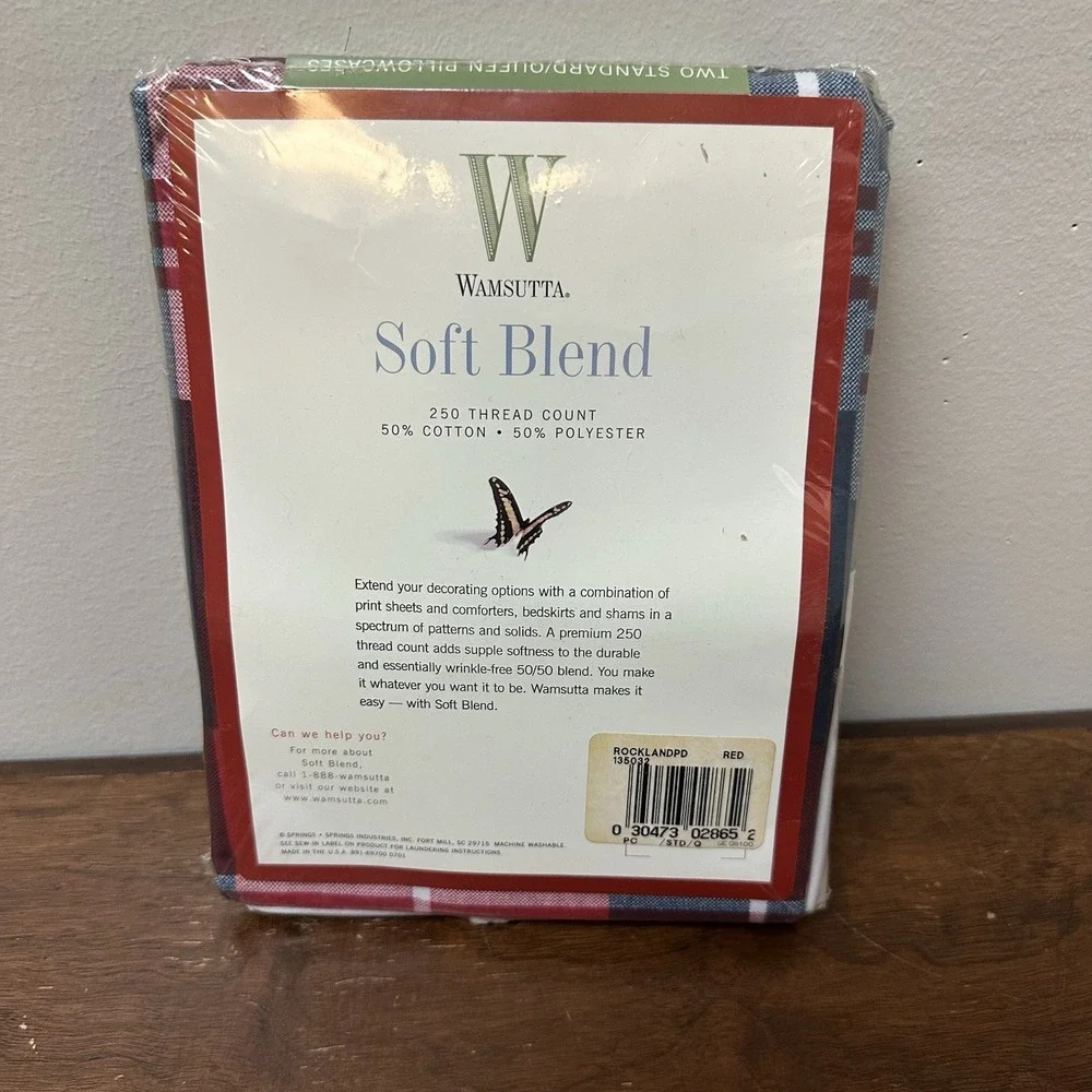 Vintage Wamsutta Soft Blend Red White Blue Plaid Pillowcases NEW NOS
